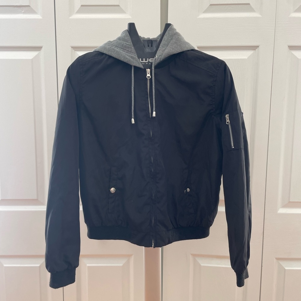 Outer Edge Black Bomber Jacket with Gray Hood